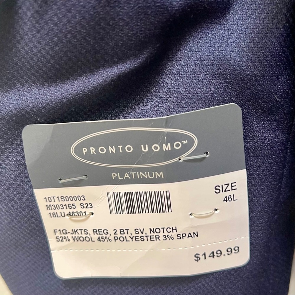 Pronto Uomo Platinum Mens 46L Navy Blue Wool Blend Modern Fit Suit Jacket Formal - Picture 6 of 9